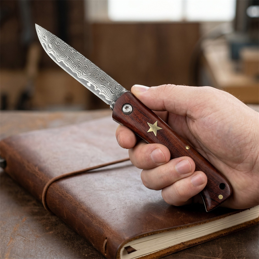 Edc Pocket Carry Fixed Blade - Compact Outdoor Survival Damascus Vouwmes met